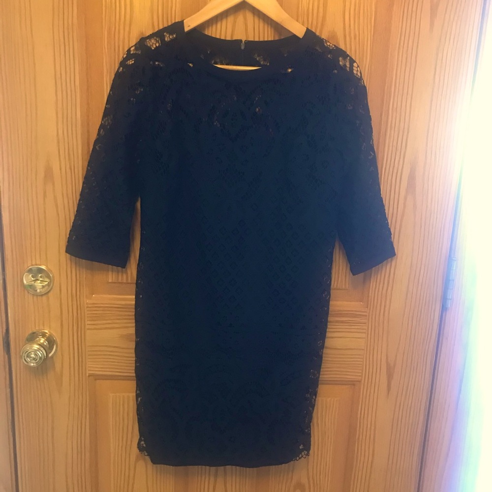 LOFT Navy Blue Lace Shift 3/4 Sleeves Mini Dress Size 2.